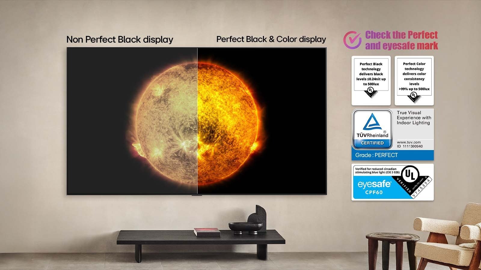LG OLED TV afișează o comparație vizuală între un afișaj cu Perfect Color și Perfect Black și unul fără. Certificările UL, TÜV și privind siguranța pentru vedere sunt vizibile, cu textul care solicită verificarea marcajelor.