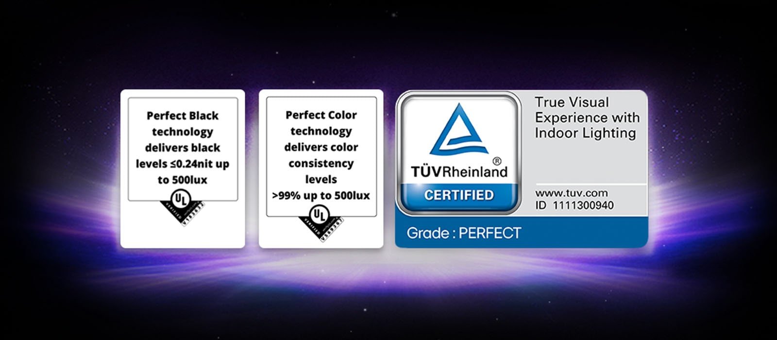 Siglele UL-verified și TÜV-certified sunt afișate pentru caracteristicile Perfect Black și Perfect Color ale afișajului.
