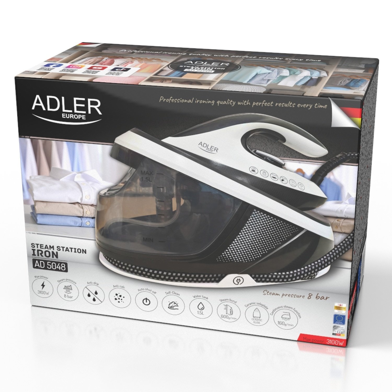 Утюг парогенератор Adler AD 5048, 3100Вт, объем 1,5л, 8 бар