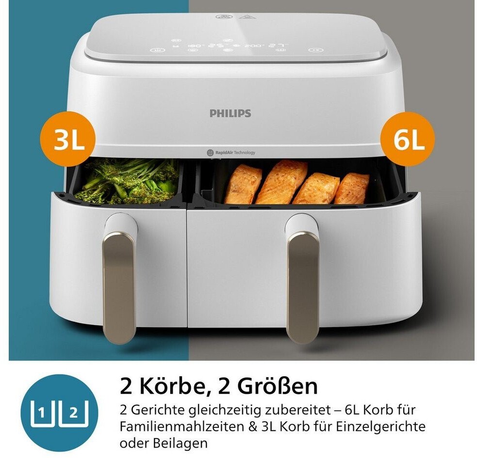Friteuza dubla cu aer cald Philips Seria 3000 NA353/10, 3.0kg, 9.0l, 2750W, alb