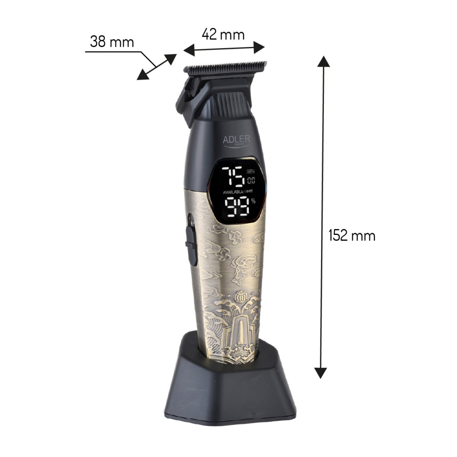 Триммер для бороды и усов Adler AD 2968, USB-C, 2 скорости, 3 насадки-гребня, светодиодный дисплей