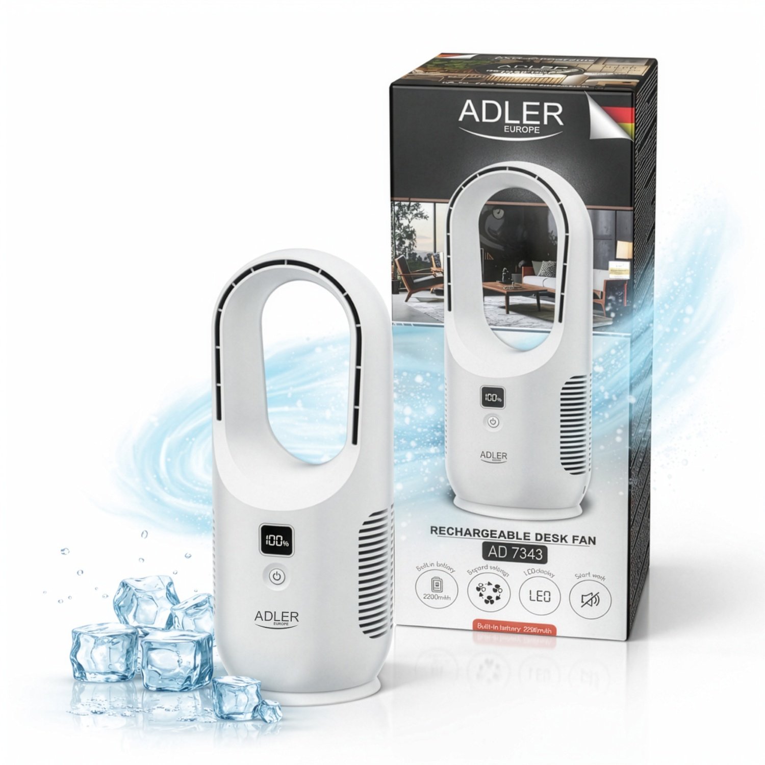 Настольный безлопастный перезаряжаемый вентилятор Adler AD 7343, 34 см, аккумулятор, 3 скорости