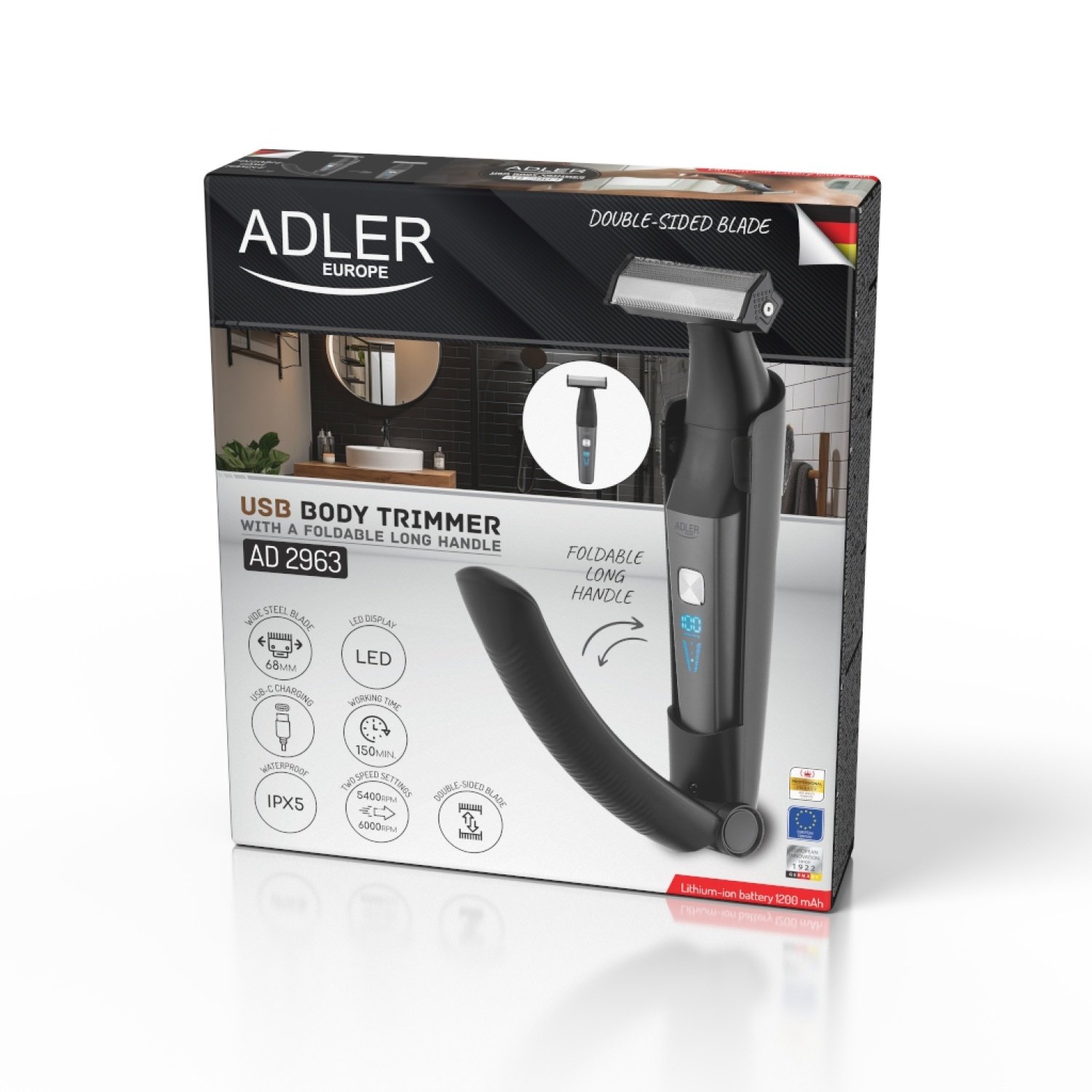 Триммер для тела Adler AD 2963 с длинной складной ручкой, USB-подключением, широким двусторонним лезвием 68 мм.