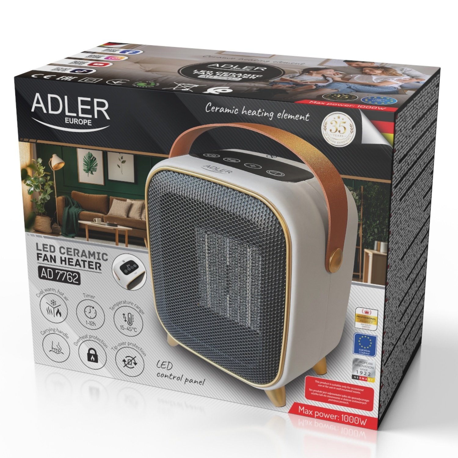 Керамический обогреватель Adler AD 7762, термостат, таймер, вентилятор, 1000Вт
