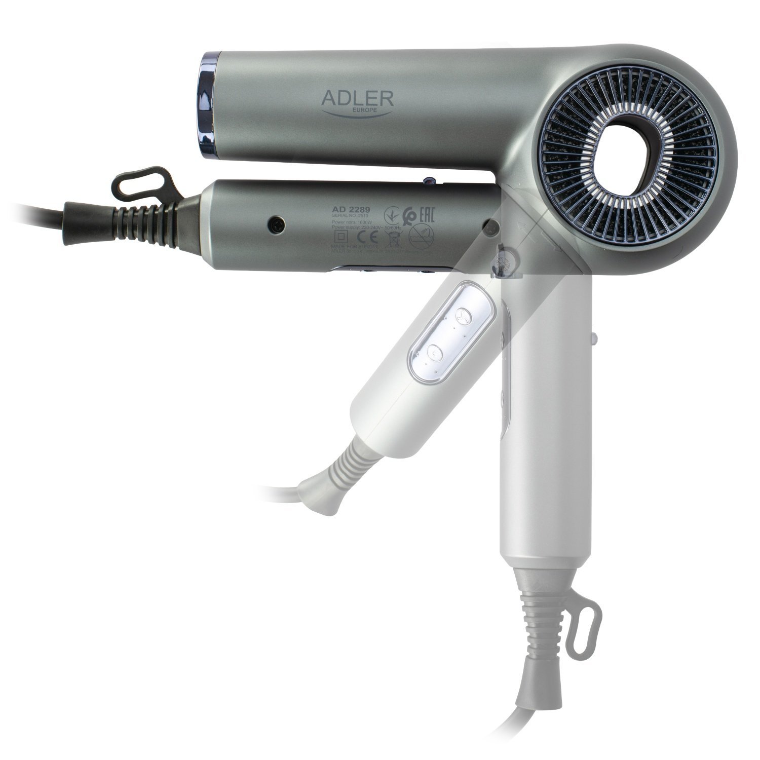 Высокоскоростной складной фен для волос Adler AD 2289 SUPERSPEED, 1600Вт, 3 скорости, 3 режимами нагрева