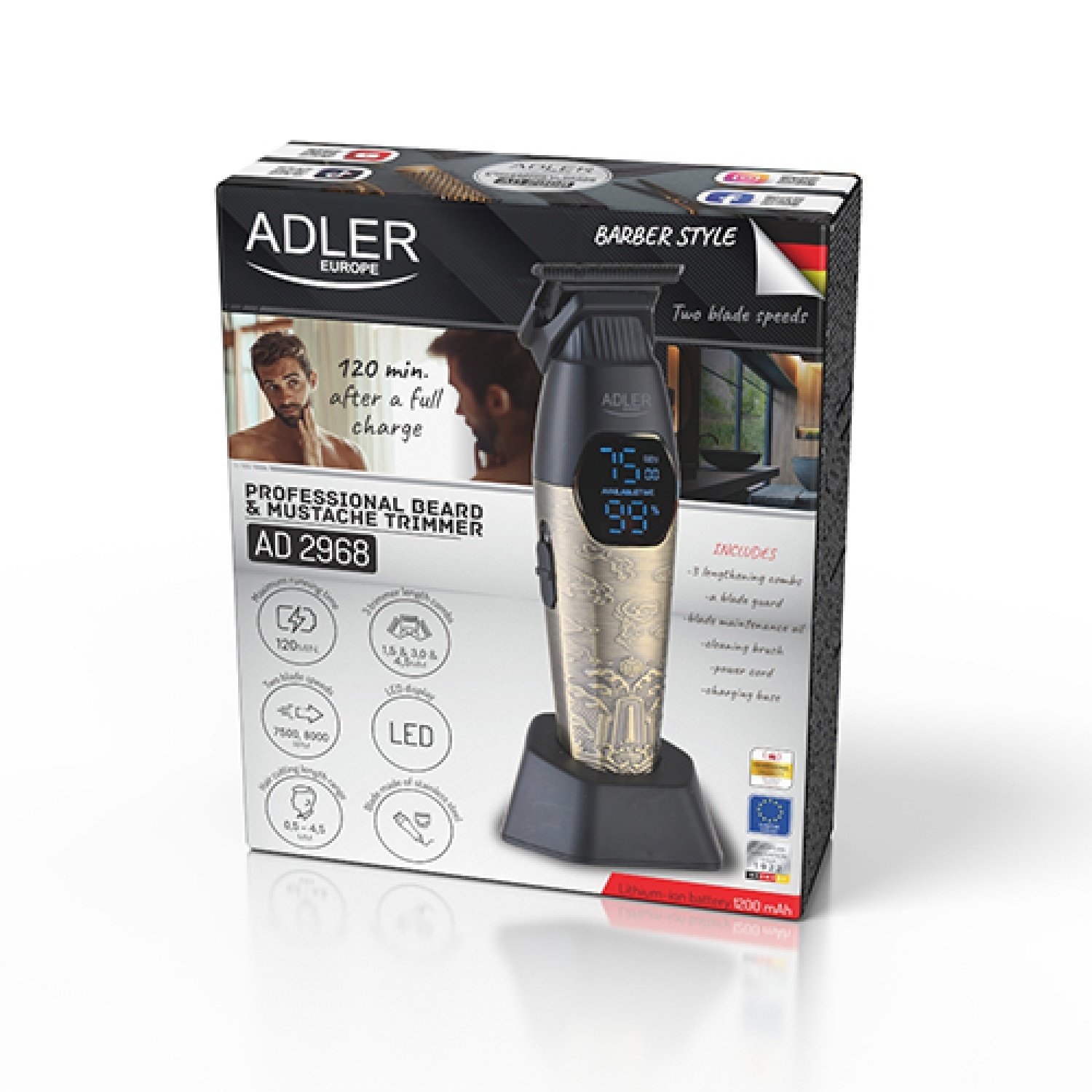 Триммер для бороды и усов Adler AD 2968, USB-C, 2 скорости, 3 насадки-гребня, светодиодный дисплей