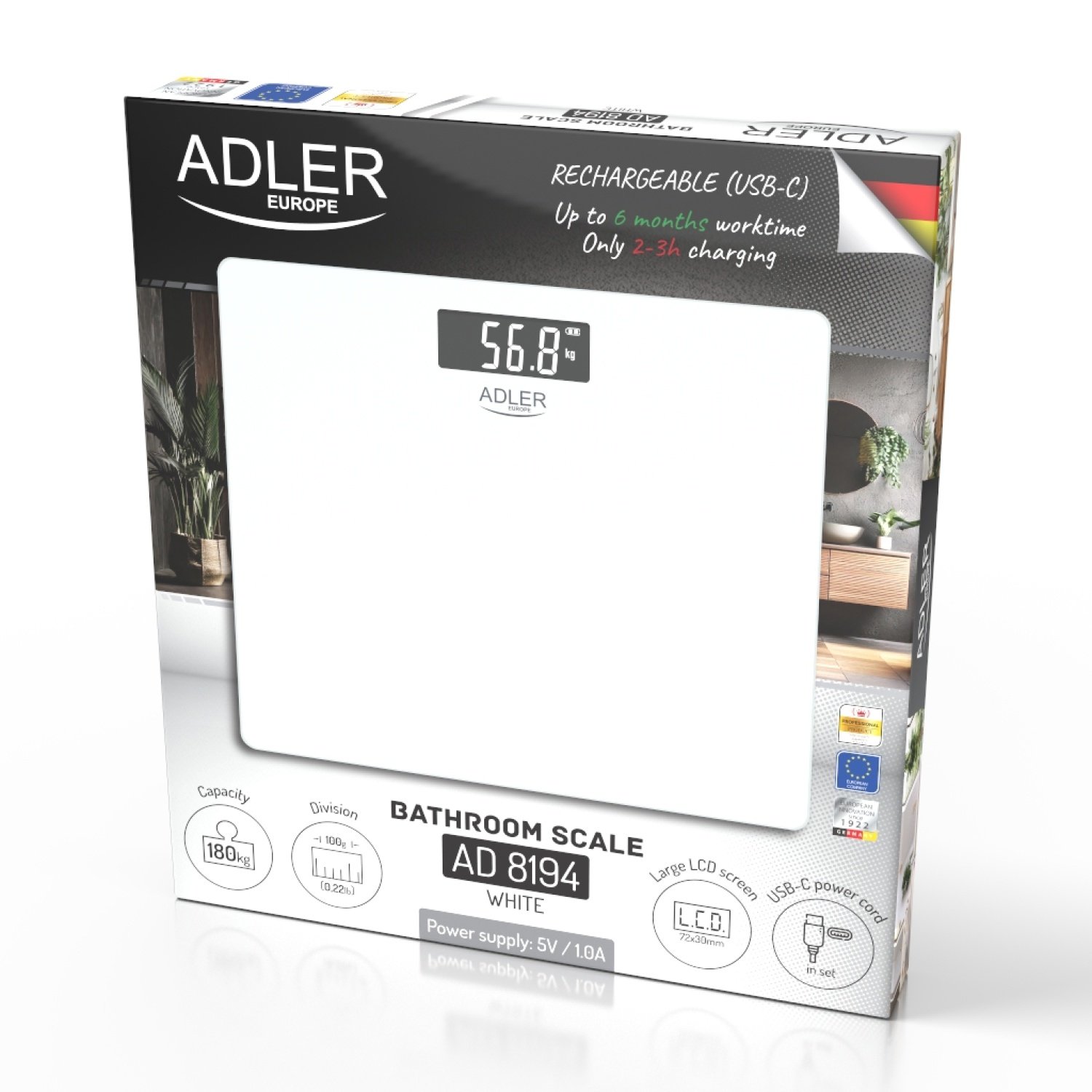 Напольные весы Adler AD 8194,USB-C, перезаряжаемые, 180 кг, точность 100 г.