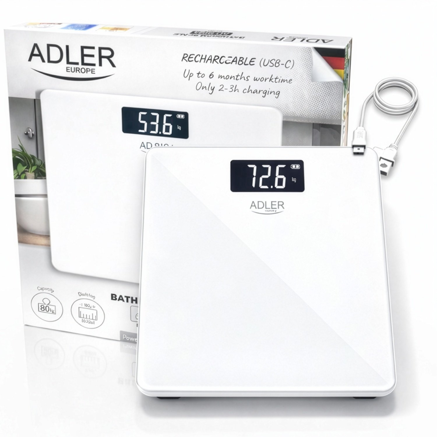 Напольные весы Adler AD 8194,USB-C, перезаряжаемые, 180 кг, точность 100 г.