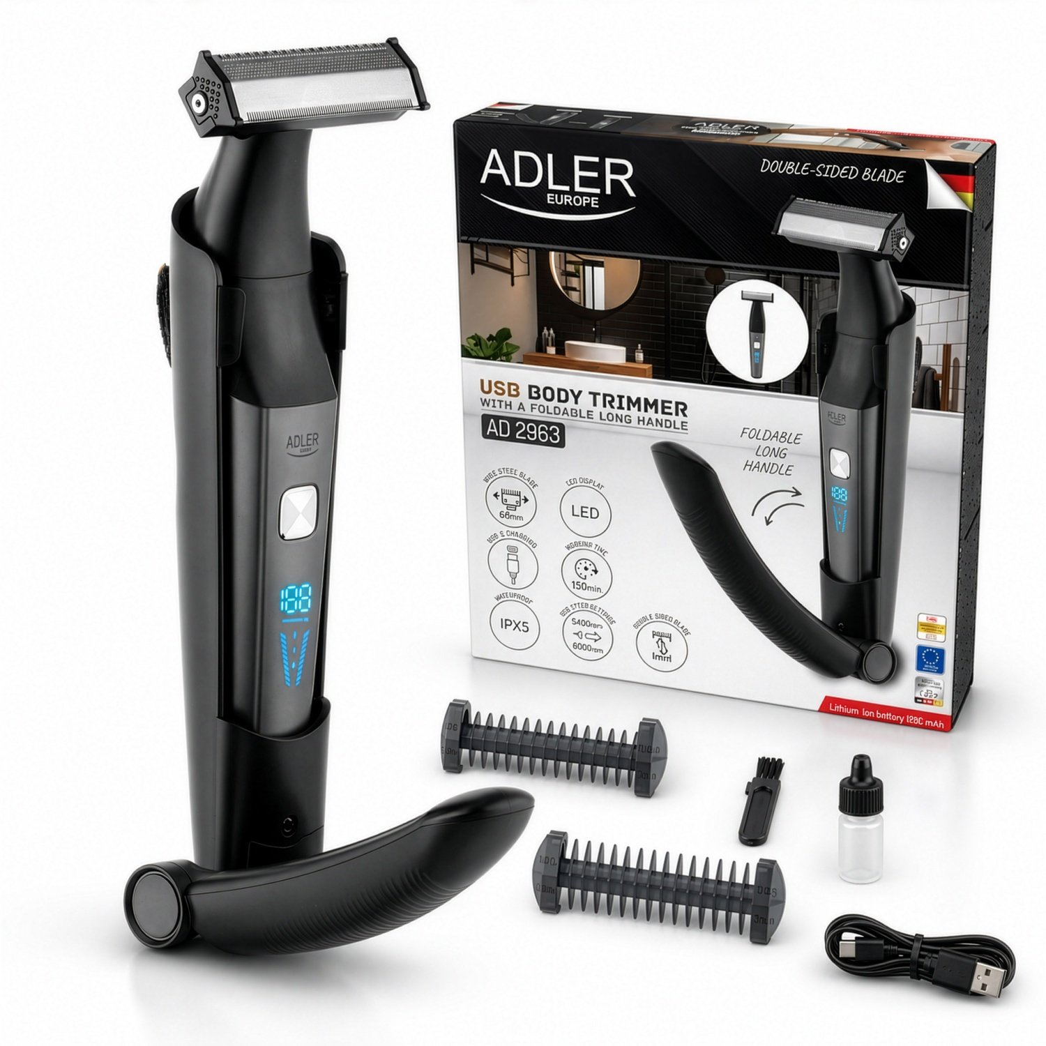 Триммер для тела Adler AD 2963 с длинной складной ручкой, USB-подключением, широким двусторонним лезвием 68 мм.