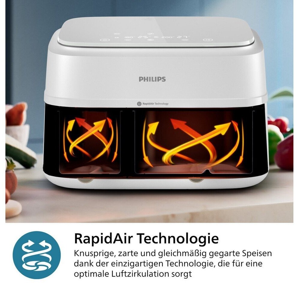 Friteuza dubla cu aer cald Philips Seria 3000 NA353/10, 3.0kg, 9.0l, 2750W, alb