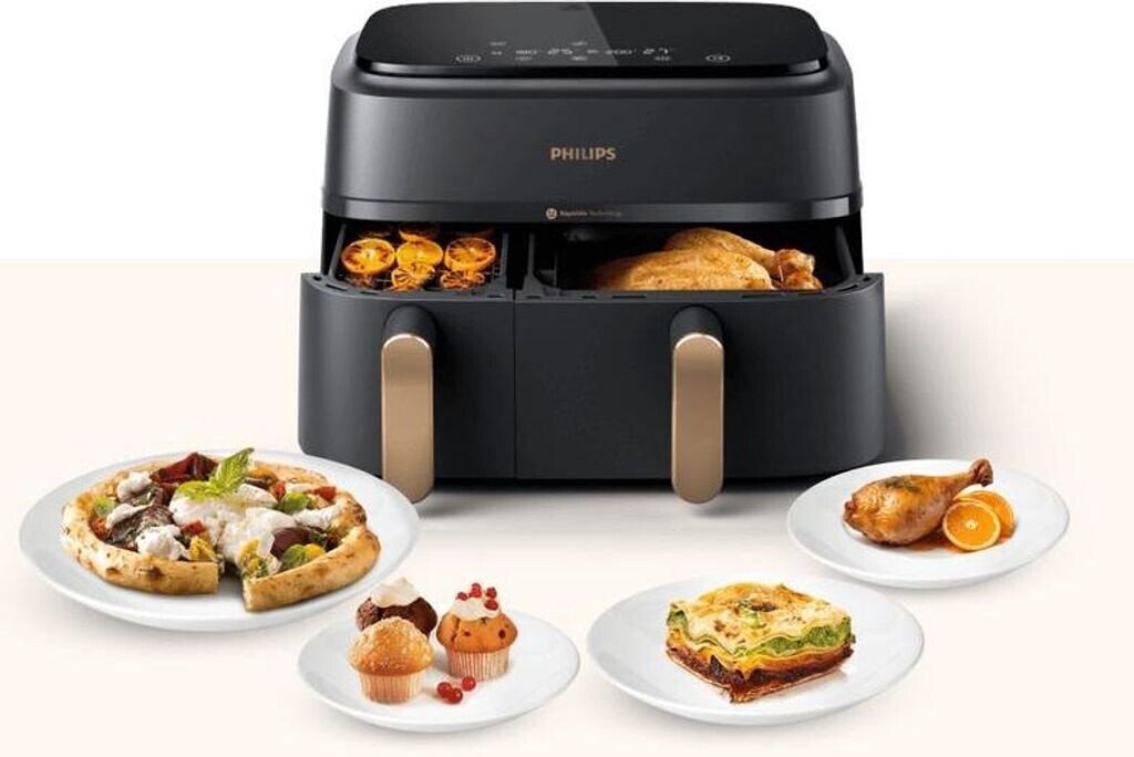 Friteuza dubla cu aer cald Philips Seria 3000 NA352/00, 3.0kg, 9.0l, 2750W, negru-auriu