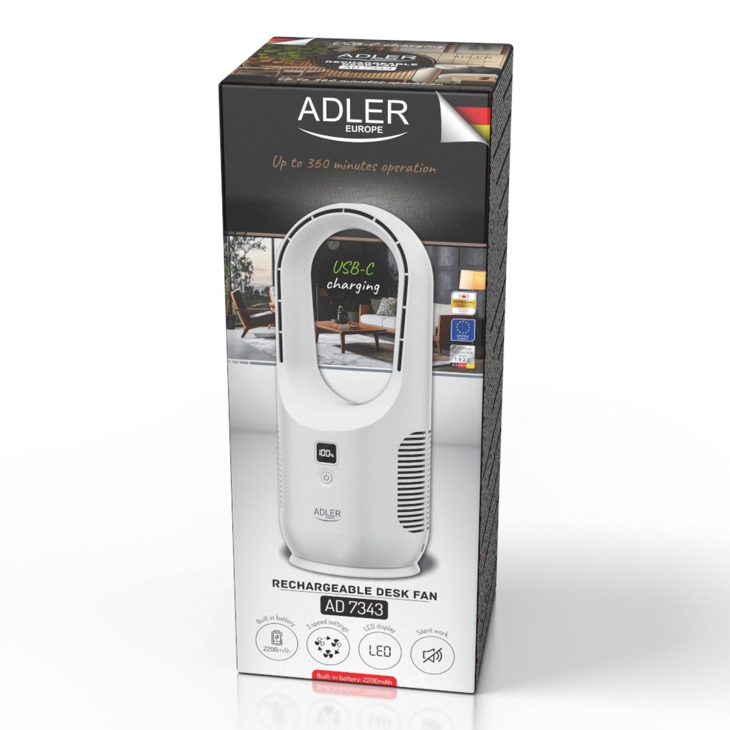 Настольный безлопастный перезаряжаемый вентилятор Adler AD 7343, 34 см, аккумулятор, 3 скорости