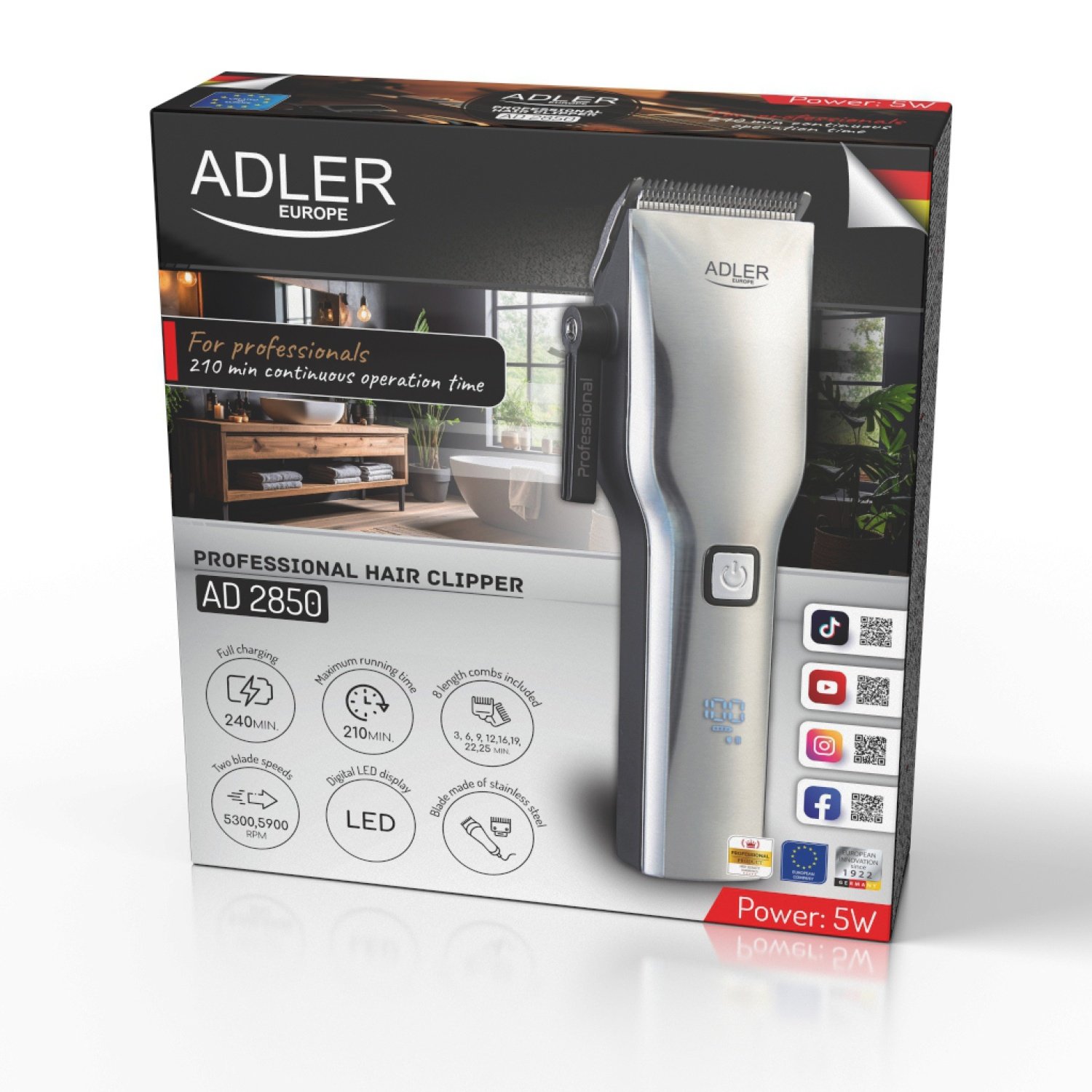 Машинка для стрижки волос Adler AD 2850, беспроводной триммер для волос с USB-C, 2 скорости, светодиодный дисплей, 8 насадок