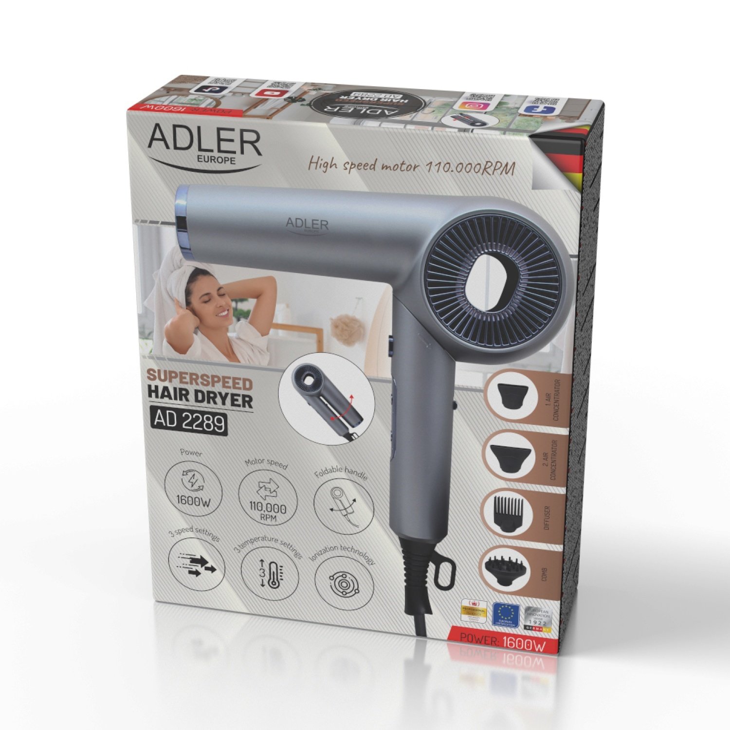 Высокоскоростной складной фен для волос Adler AD 2289 SUPERSPEED, 1600Вт, 3 скорости, 3 режимами нагрева