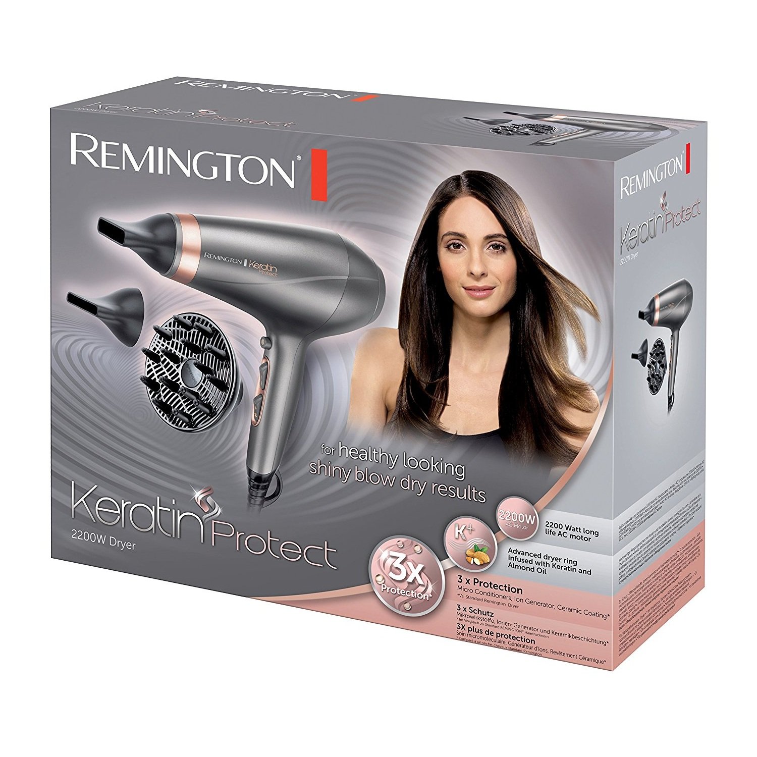Uscător de păr Remington AC8820 Keratin Protect, 2200W, 2 viteze, 3 trepte temperatura, gri