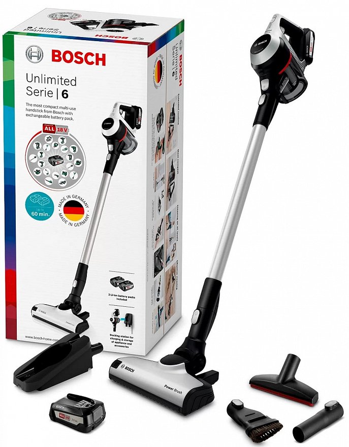 Aspirator vertical Bosch BCS612KA2, 0.3l, 18V, autonomie max 30 min, Power for ALL, argintiu