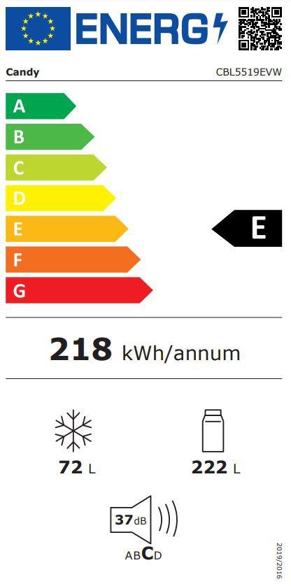 Холодильник встраиваемый Candy CBL5519EVW, Low Frost, 294 л, H 193.5 см, Класс E, Wi-Fi