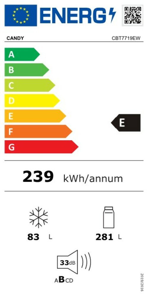 Холодильник встраиваемый Candy CBT7719EW, No Frost, 364 л, H 193,5 см, Класс E, Wi-Fi