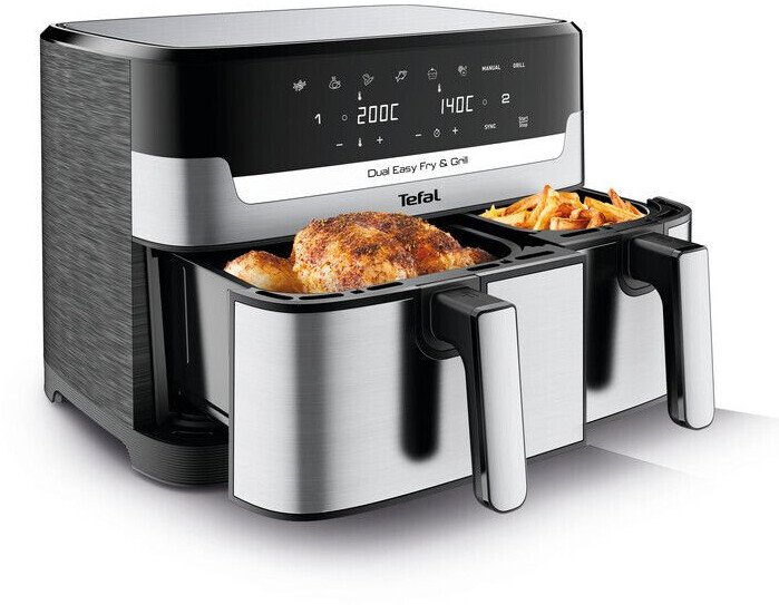 Friteuza dubla cu aer cald Tefal Dual Easy Fry &amp; Grill EY905D10, 2.4kg, 8.3l, 2700W, negru-argintiu
