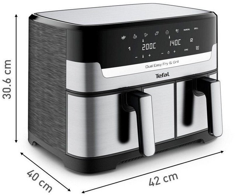 Friteuza dubla cu aer cald Tefal Dual Easy Fry &amp; Grill EY905D10, 2.4kg, 8.3l, 2700W, negru-argintiu