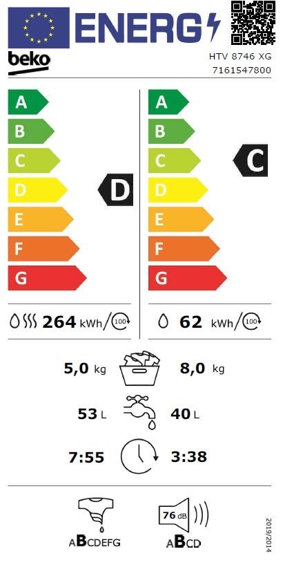 Maşina de spălat rufe cu uscător BEKO HTV8746XG, HomeWhiz, 8/5kg, 1400rpm, Clasa C/D, alb