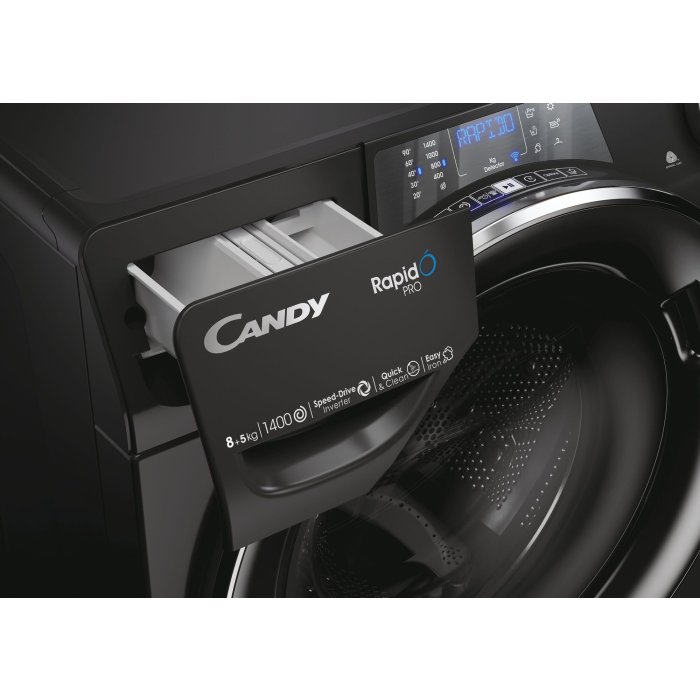 Mașină de spălat rufe cu uscător Candy RPW4856BWMBCB-S RapidÓ PRO, 8 + 5 kg, 1400 RPM, Clasa A / D, Wi-Fi, negru