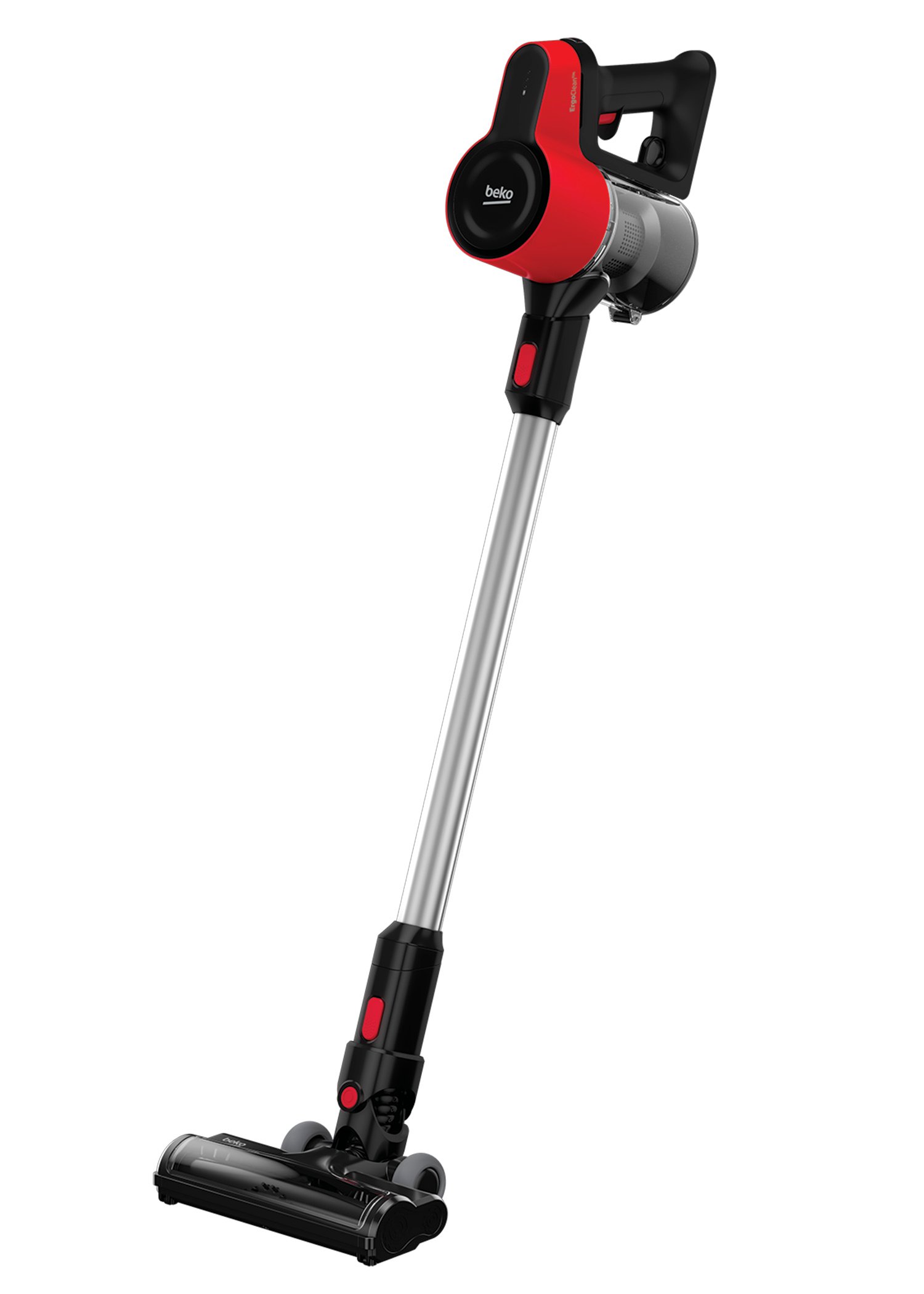 Aspirator vertical ErgoClean Beko VRT50121VR, 21.6 V, Autonomie 45 min, 0.5 L, PerformCyclone, Filtru HEPA 10 (Negru/Rosu)