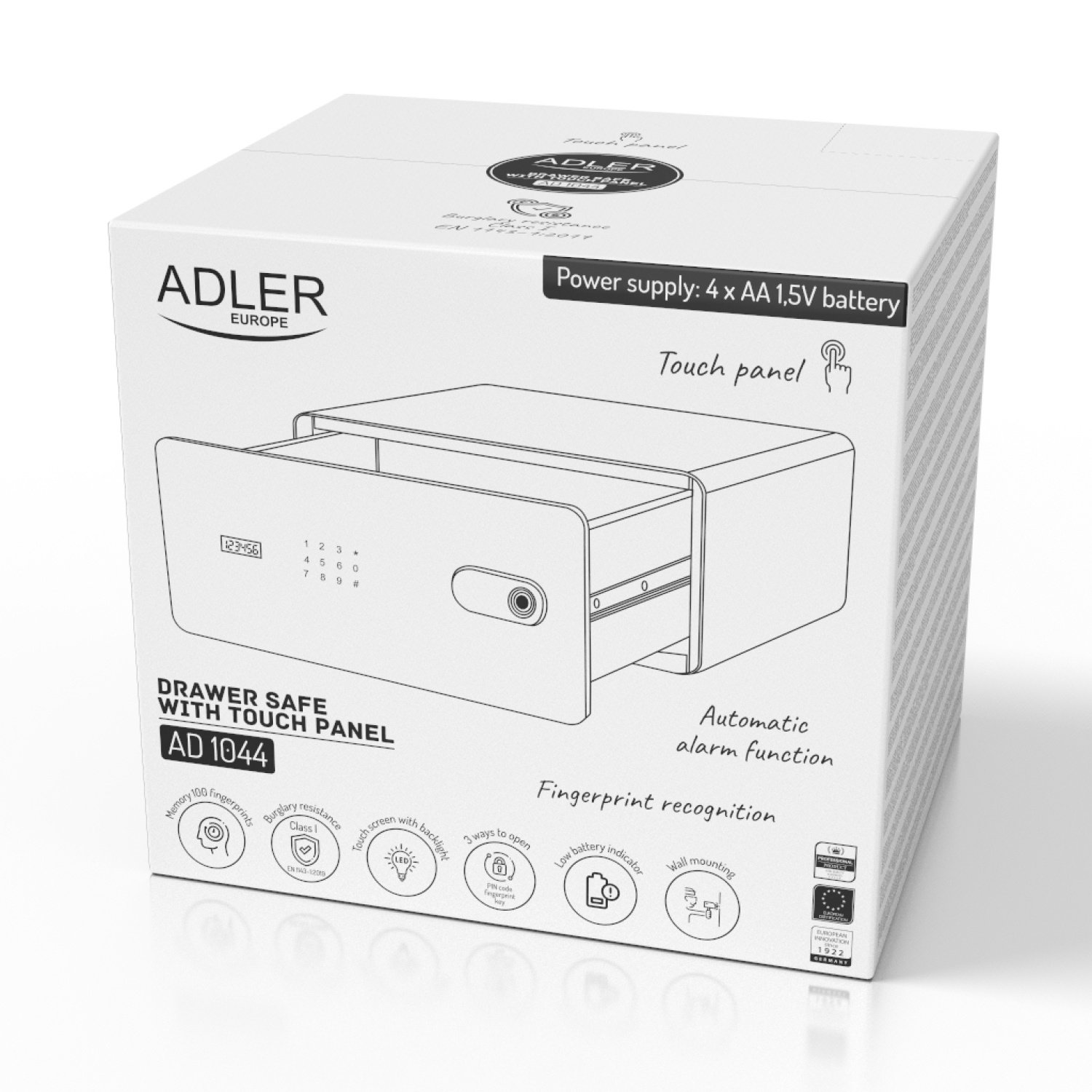 Сейф Adler AD 1044 с выдвижным ящиком, сенсорной панелью и сканером отпечатков пальцев