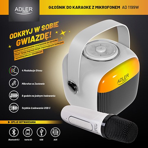 Караоке-колонка с микрофоном Adler AD 1199w, Bluetooth, USB