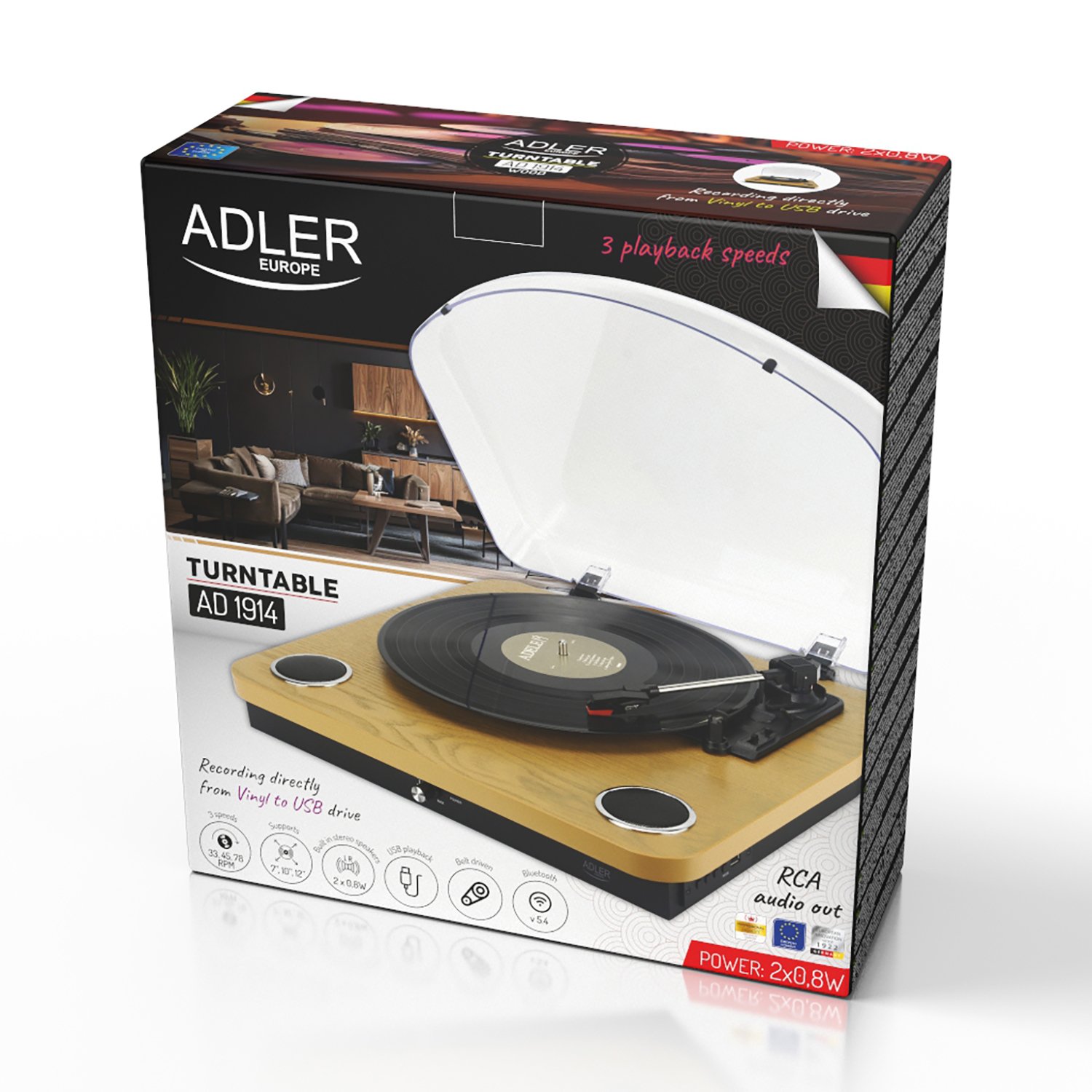 Player vinil Adler AD 1914 Wood Bluetooth/MP3/USB/RCA/recording
