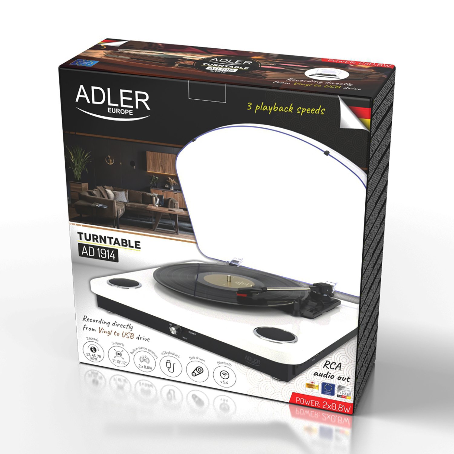 Виниловый проигрыватель Adler AD 1914 белый с Bluetooth/MP3/USB/RCA/записью