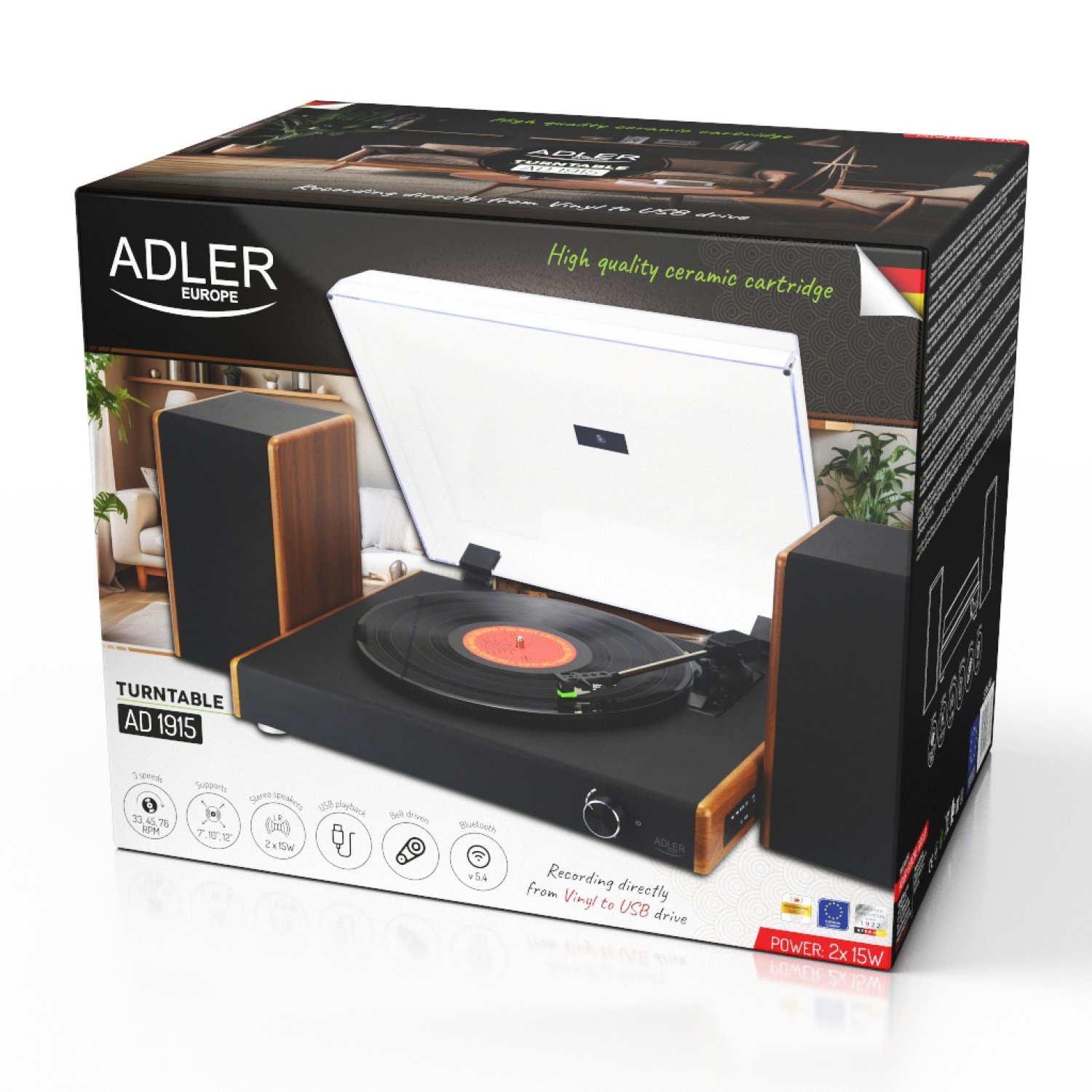 Виниловый проигрыватель Adler AD 1915 с Bluetooth/USB/RCA/записью