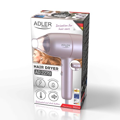 Фен для волос Adler AD 2279p, 1800Вт, 2 скорости, 2 режимами нагрева