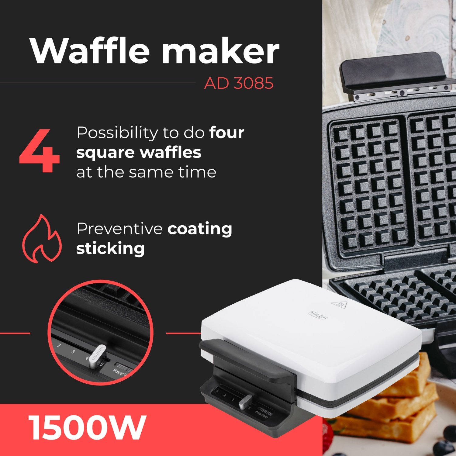 Вафельница Adler AD 3085, 1800 Вт, белый