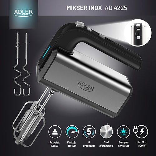 Миксер Adler AD 4225, 800 Вт, нержавеющая сталь