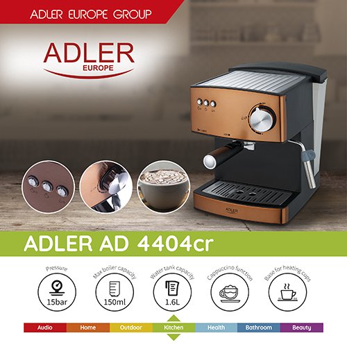 Рожковая кофеварка Adler AD 4404, 850 Вт, 15 бар, медная