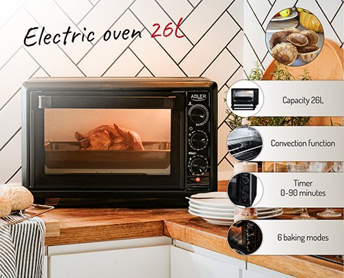 Электрическая печь Adler AD 6023, 1500Вт, 245 градусов, 26л, Таймер, конвекция, черный