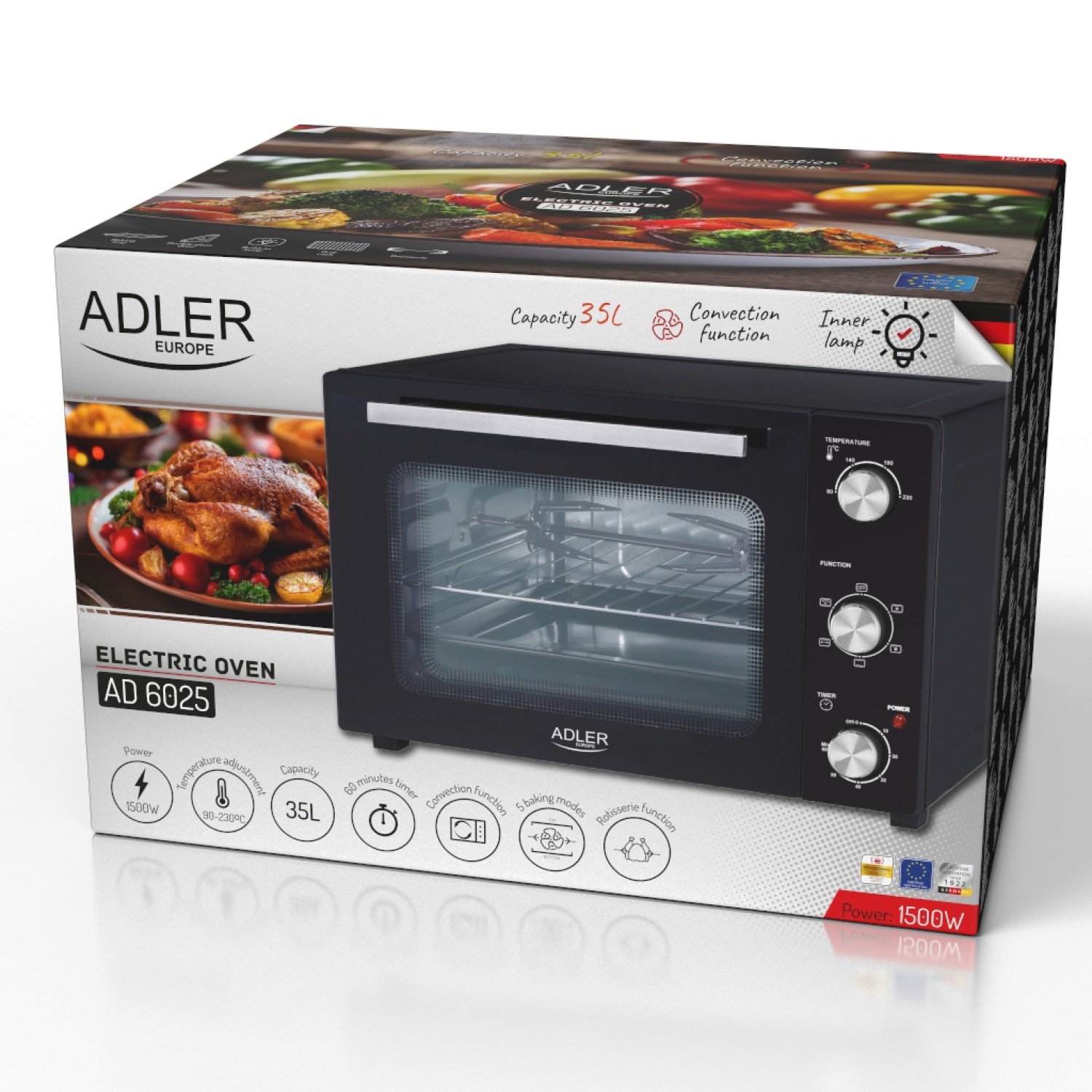Электрическая печь Adler AD 6028, 230 градусов, 60л, таймер, вертел, черный