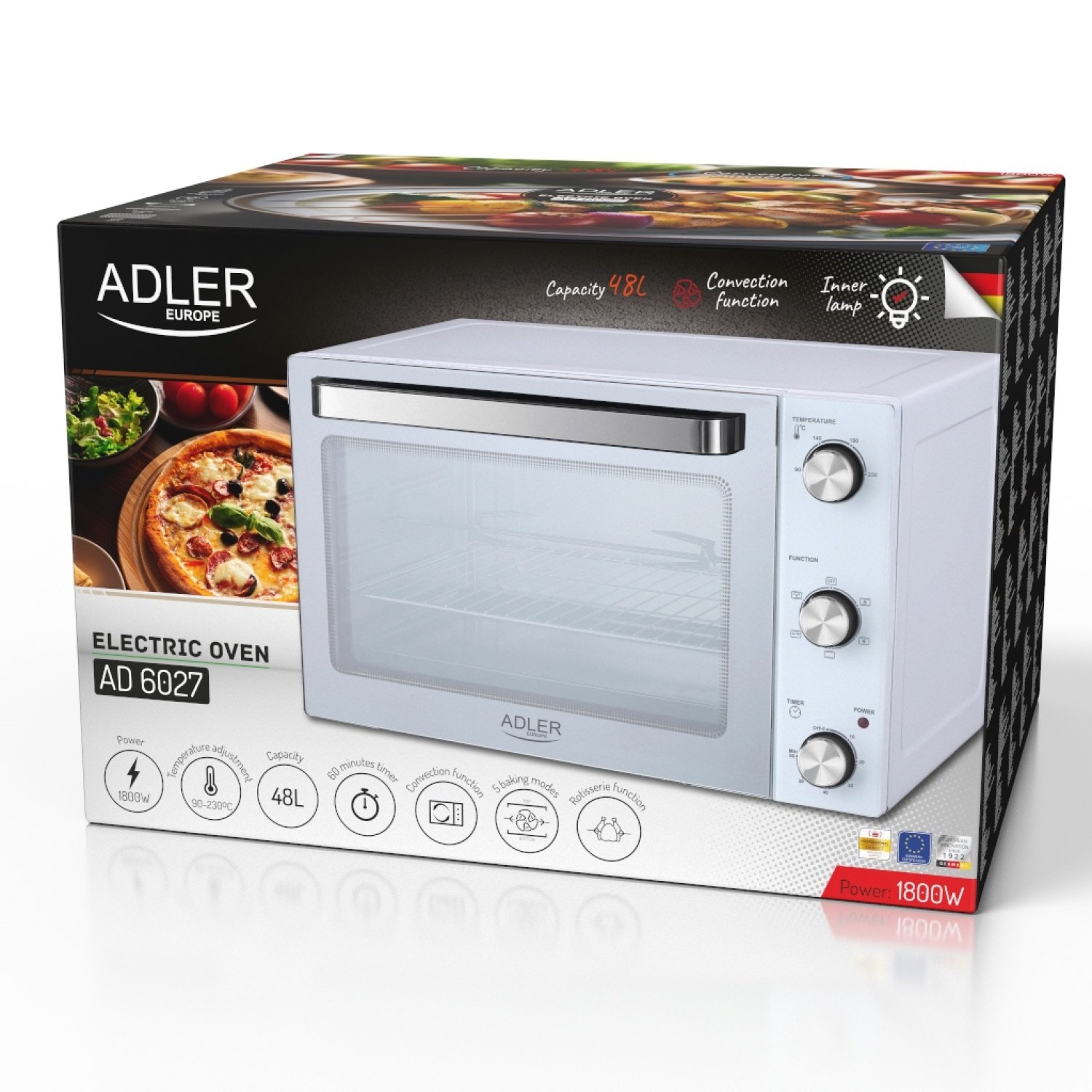 Электрическая печь Adler AD 6027, 2200Вт, 230 градусов, 48л, таймер, вертел, белый