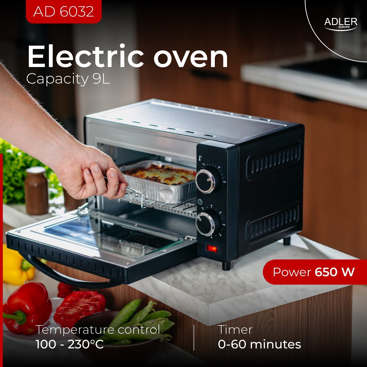 Электрическая печь Adler AD 6032, 1000Вт, 230 градусов, 9л, таймер, черный