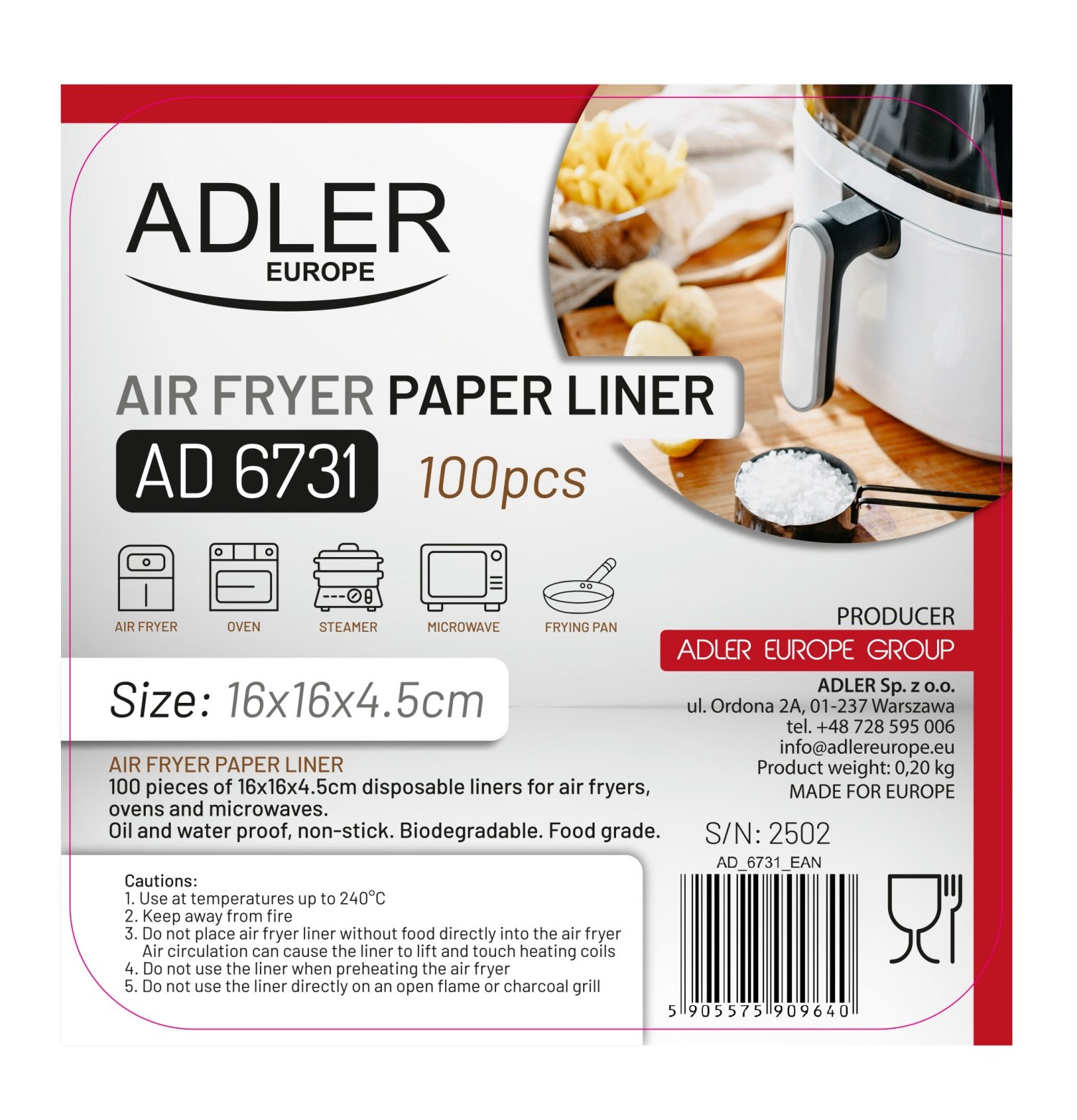 Бумажные вкладыши для аэрофритюрницы Adler AD 6732, 20см, до 240°C, биоразлагаемые