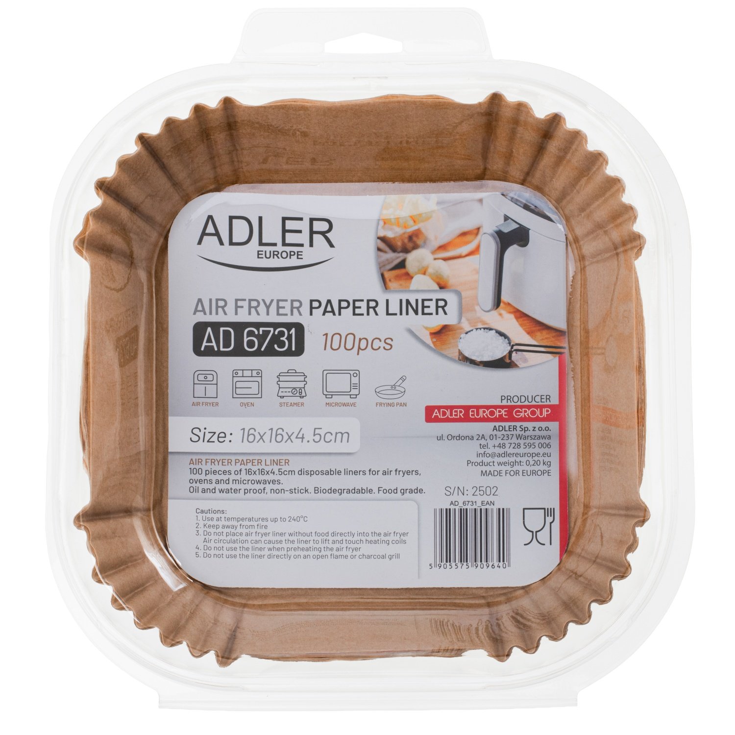 Бумажные вкладыши для аэрофритюрницы Adler AD 6732, 20см, до 240°C, биоразлагаемые