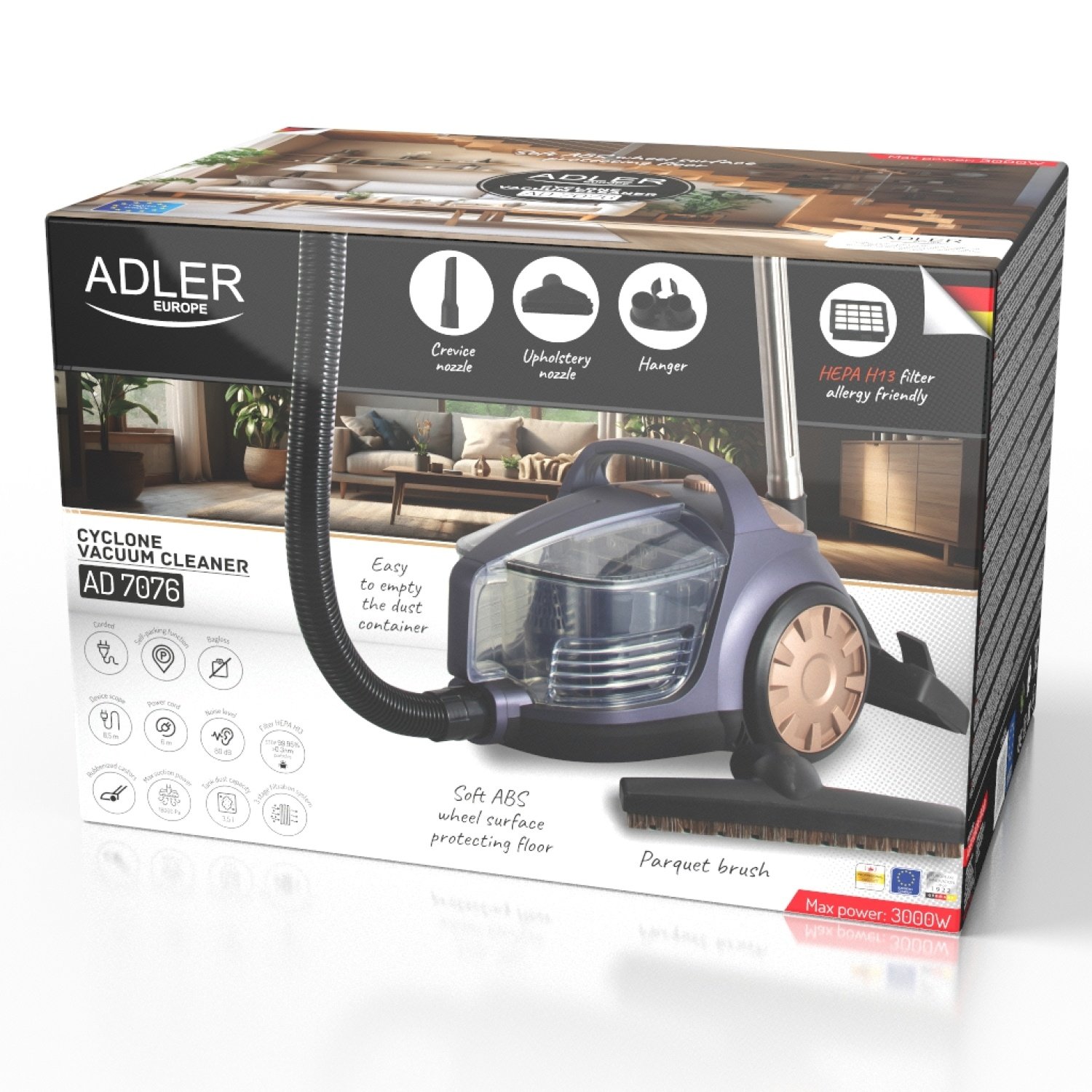 Контейнерный пылесос Adler AD 7076, 3.5л, 3000Вт, 80dB, фильтр HEPA