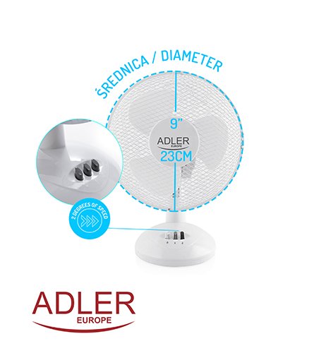 Вентилятор настольный Adler AD 7302, 45 Вт, диаметром 23 см, 2 режима скорости