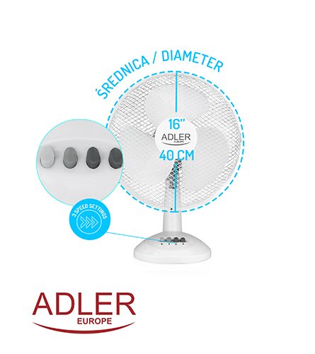Вентилятор настольный Adler AD 7304, 90 Вт, диаметром 40 см, 3 настройки скорости