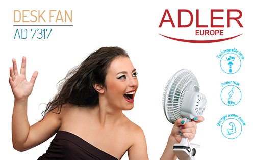 Вентилятор с зажимом и основанием Adler AD 7317, 30 Вт, диаметром 15 см, 2 скорости 