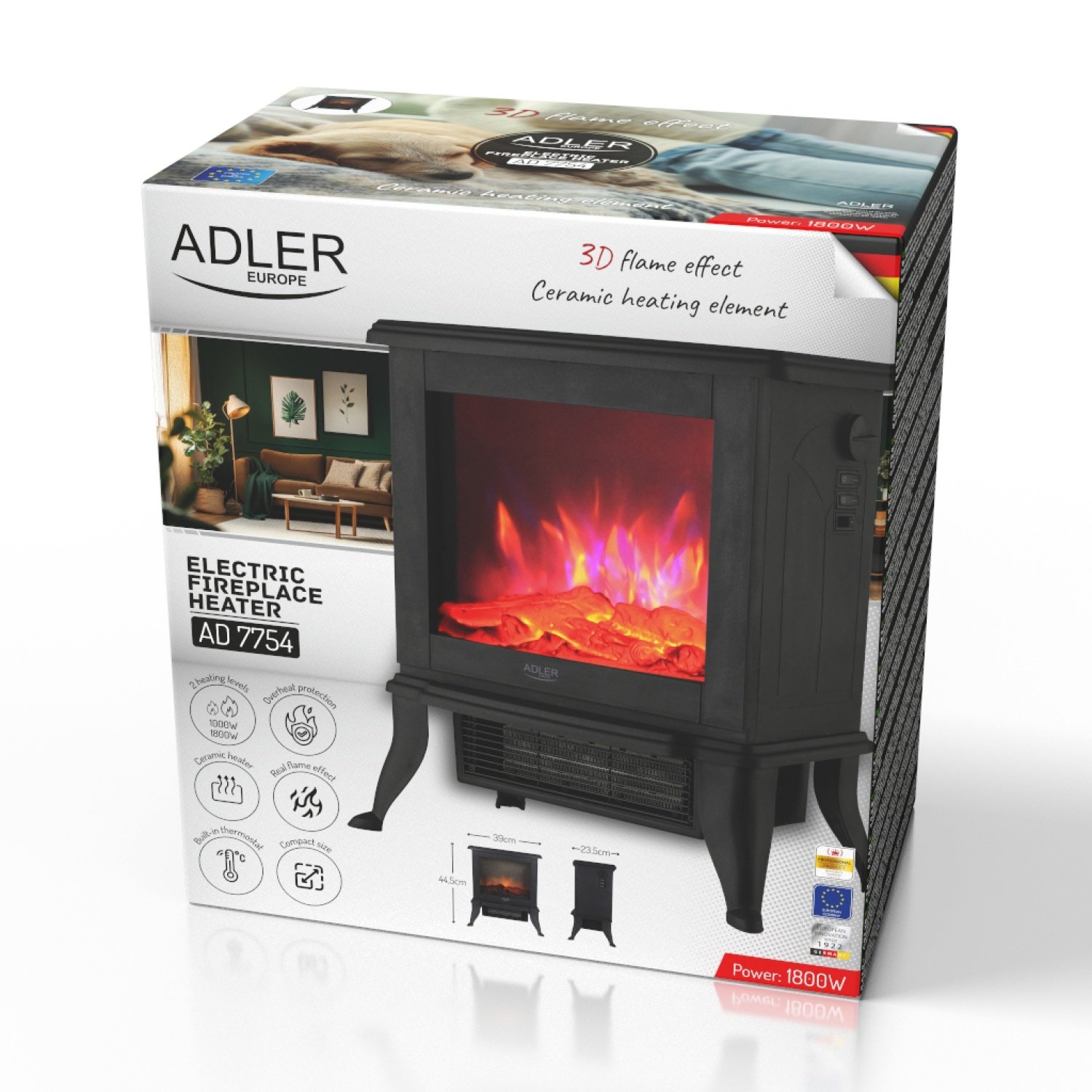 Камин электрический Adler AD 7754, 1800 Вт, 2 уровня, эффект 3D