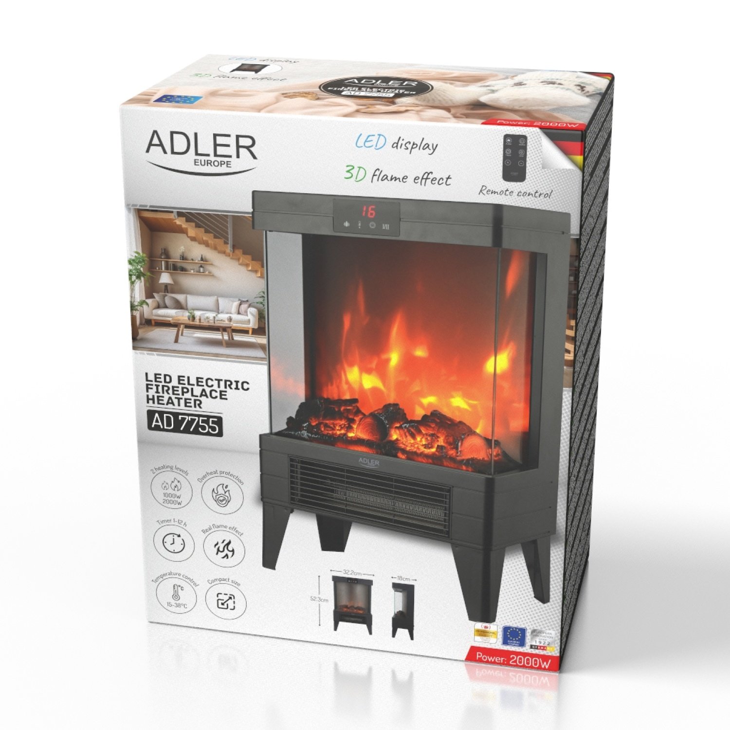 Камин электрический Adler AD 7755, 2000 Вт, 2 уровня, эффект 3D