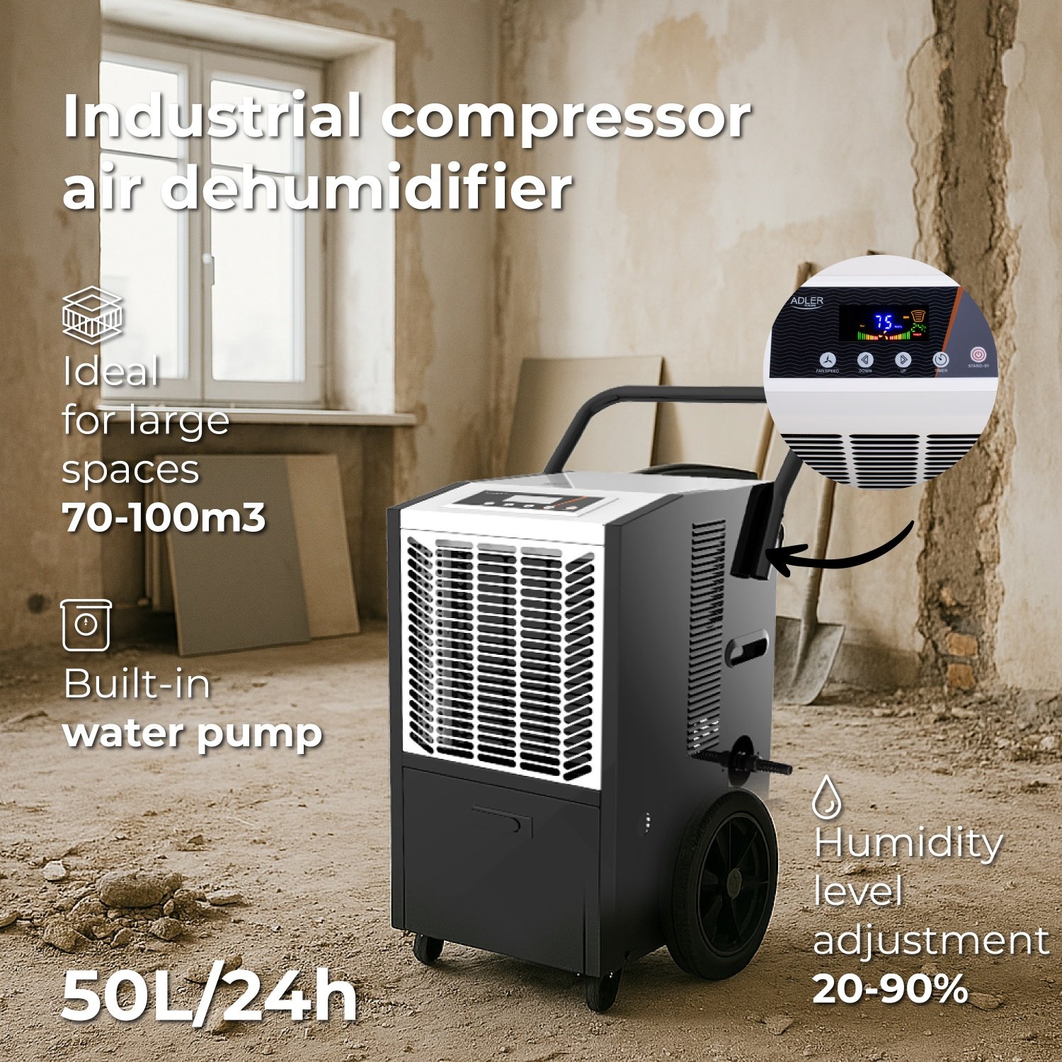 Промышленный компрессорный осушитель воздуха Adler AD 7864 до 100 м², 50 л - 24 ч