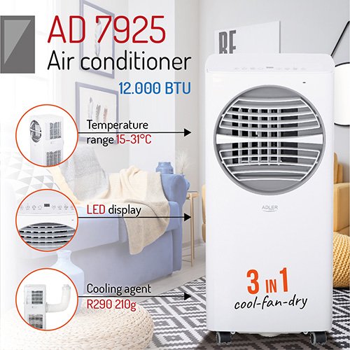 Портативный кондиционер Adler AD 7925, 12000 BTU, до 45 м²